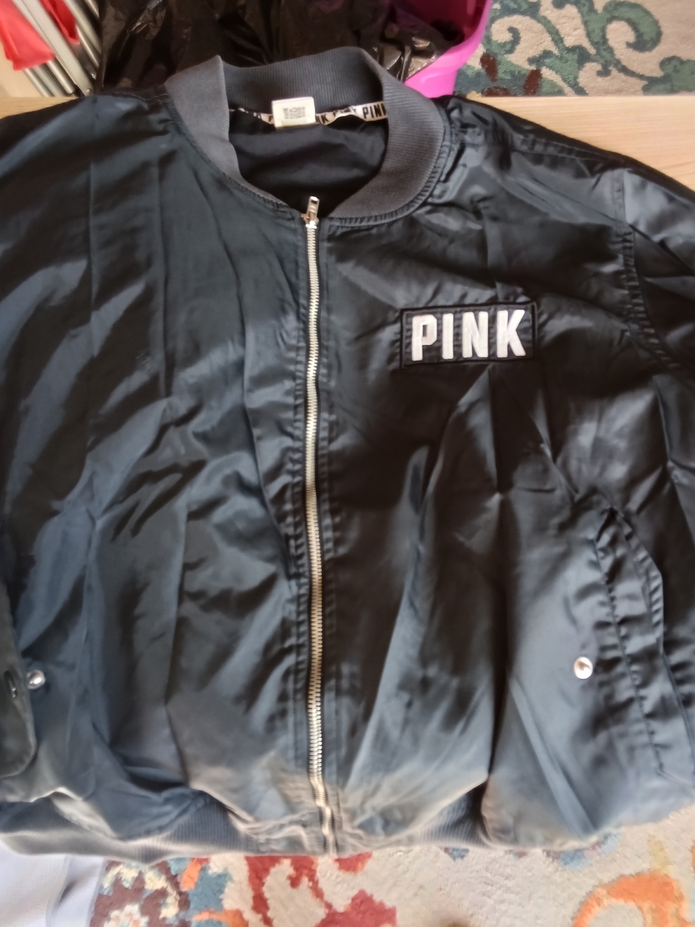 PINK Victoria's Secret Black Bomber Jacket - Classic Zip Front